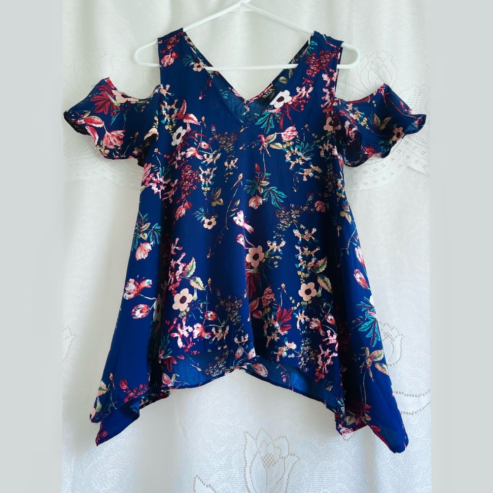 Indigo Floral Cold-Shoulder Blouse